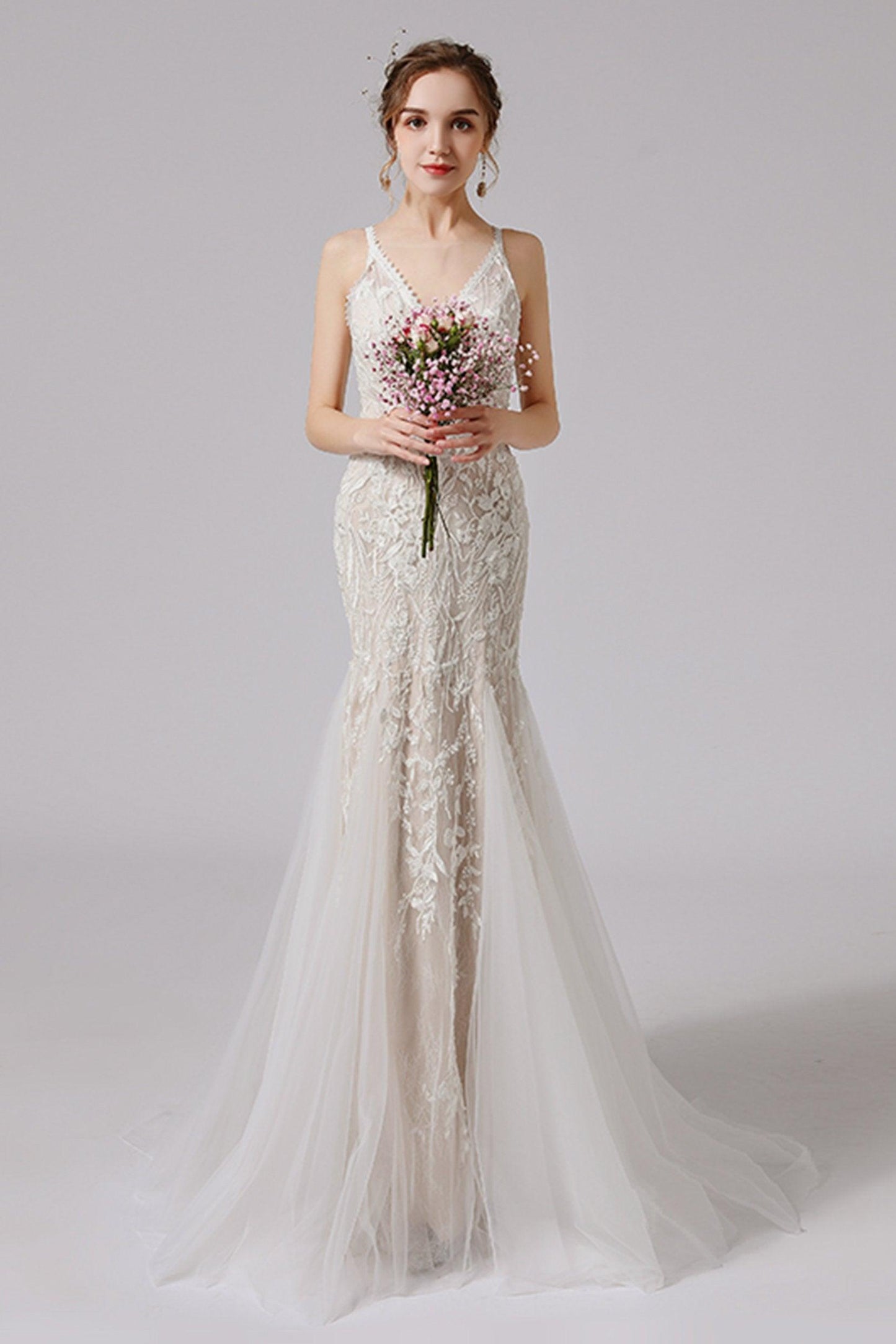 Trumpet Sweep-Brush Train Lace Tulle Wedding Dress CW2719 - COCOMELODY