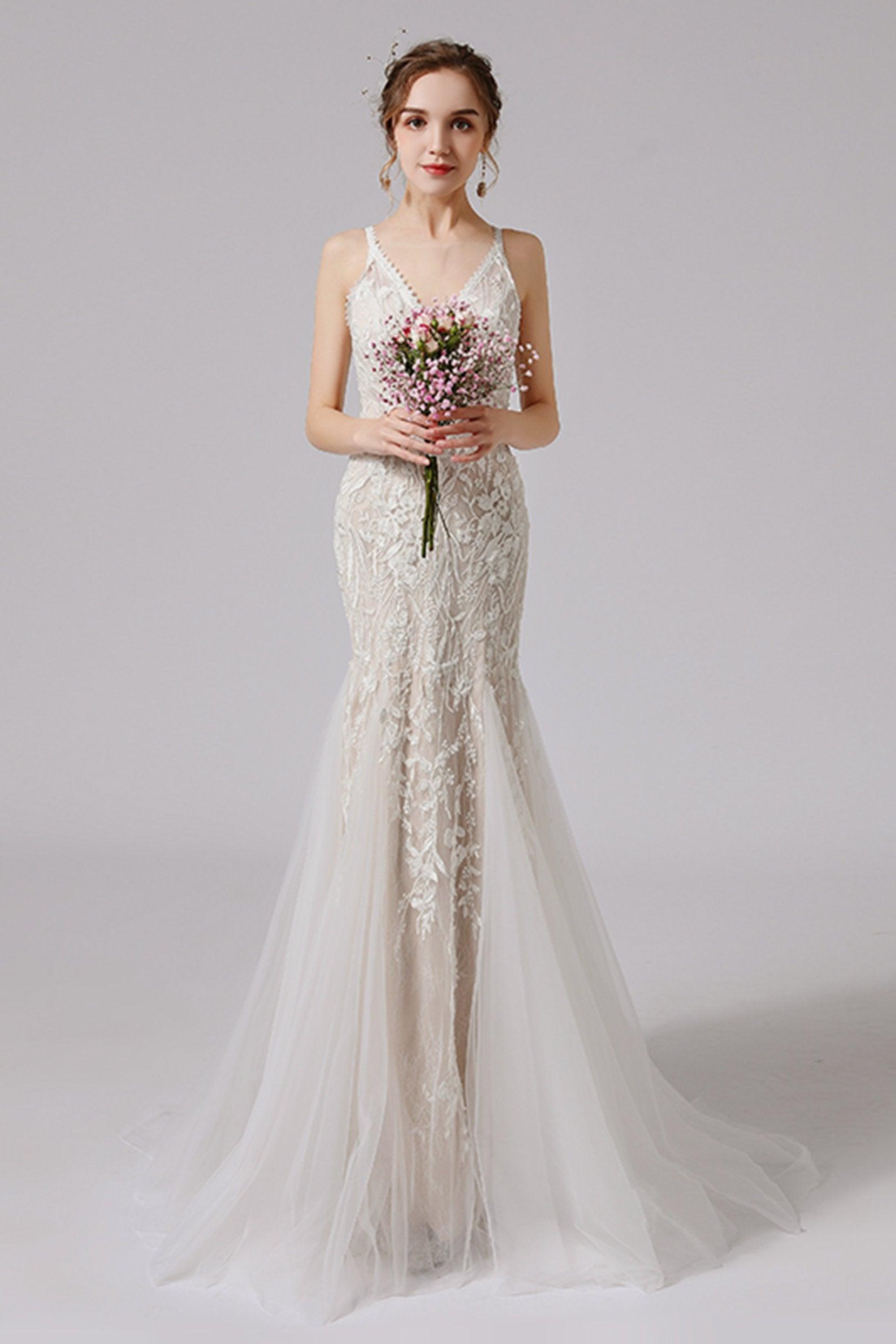 Trumpet Sweep-Brush Train Lace Tulle Wedding Dress CW2719 - COCOMELODY