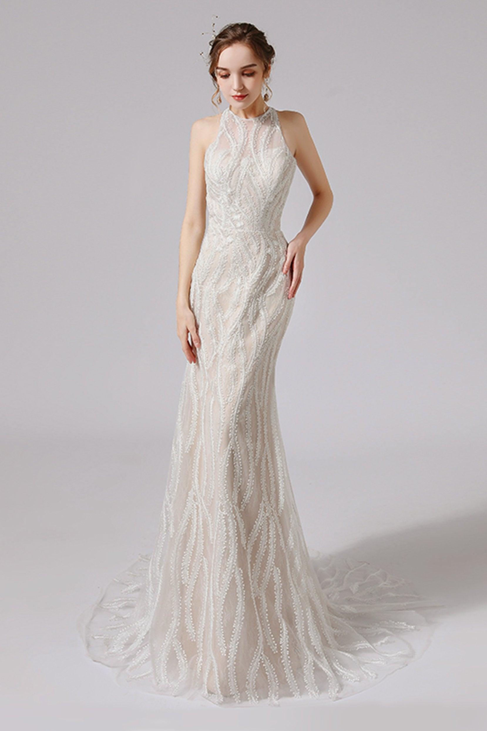 Trumpet-Mermaid Sweep-Brush Train Lace Wedding Dress CW2720 - COCOMELODY