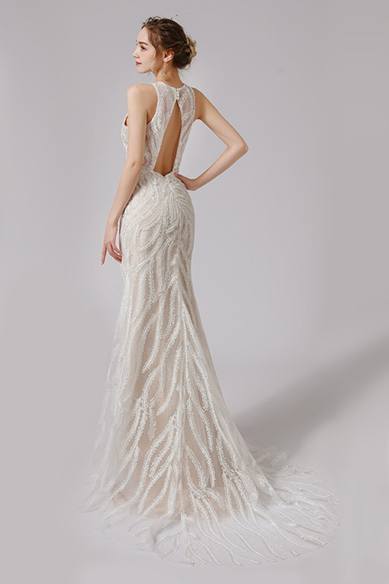 Trumpet-Mermaid Sweep-Brush Train Lace Wedding Dress CW2720 - COCOMELODY