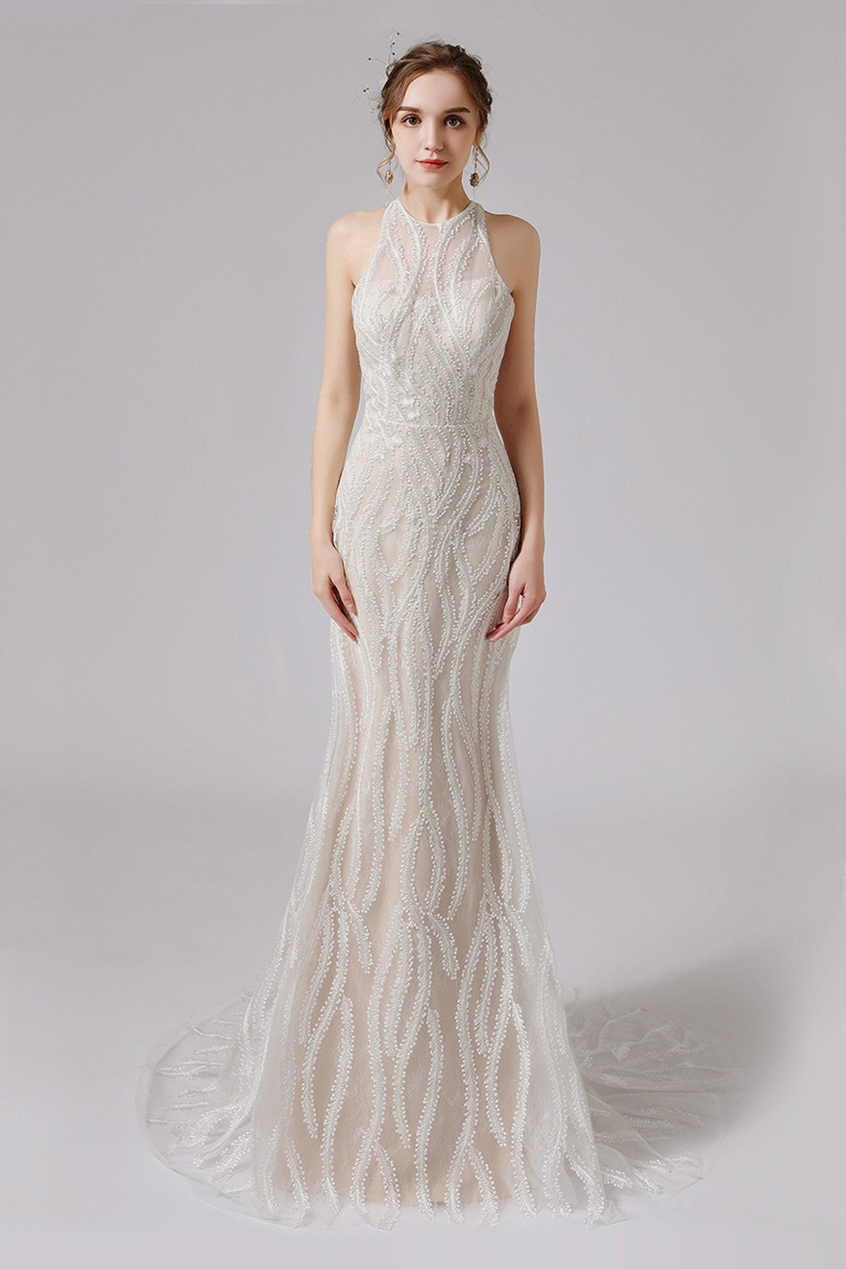 Trumpet-Mermaid Sweep-Brush Train Lace Wedding Dress CW2720 - COCOMELODY