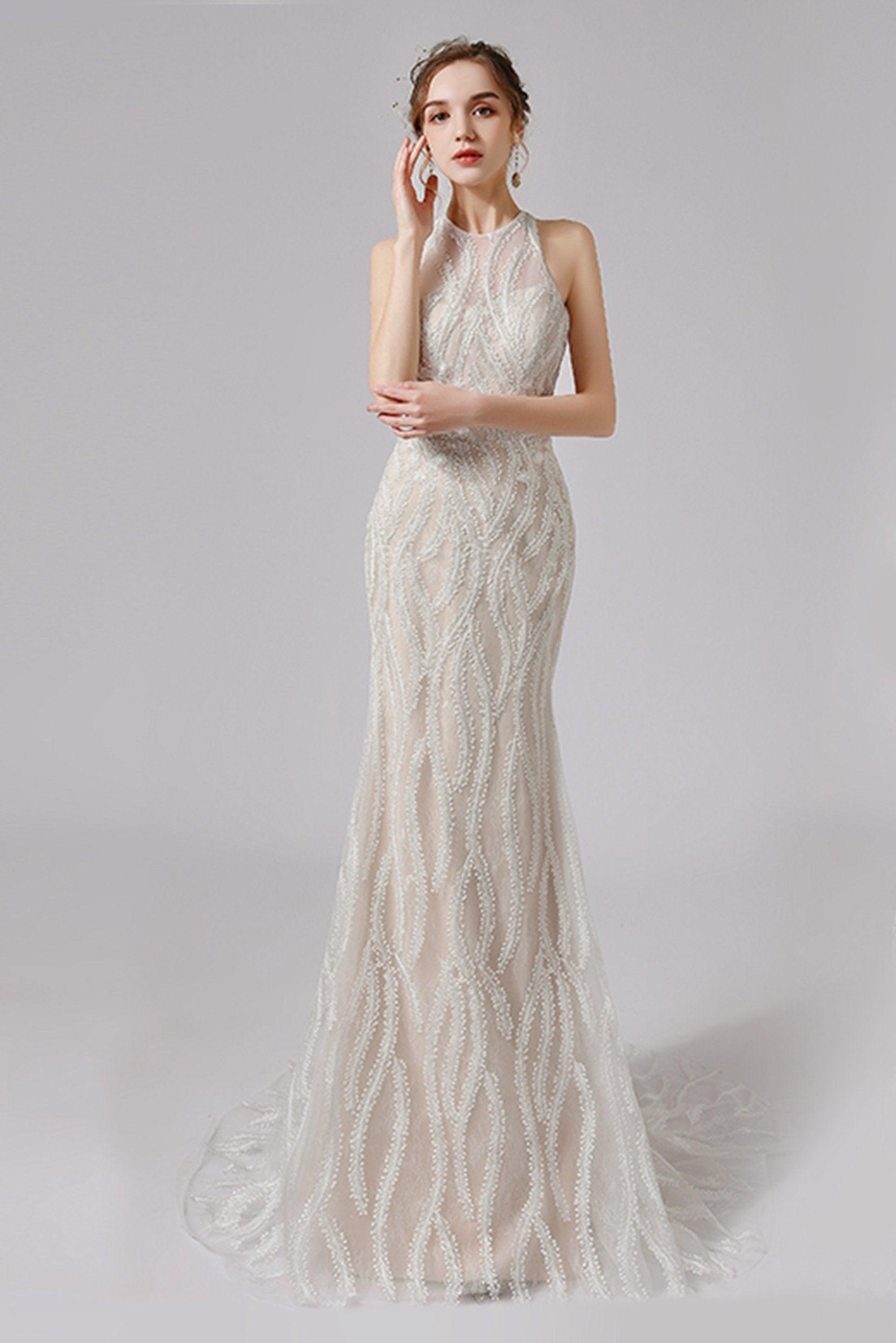 Trumpet-Mermaid Sweep-Brush Train Lace Wedding Dress CW2720 - COCOMELODY