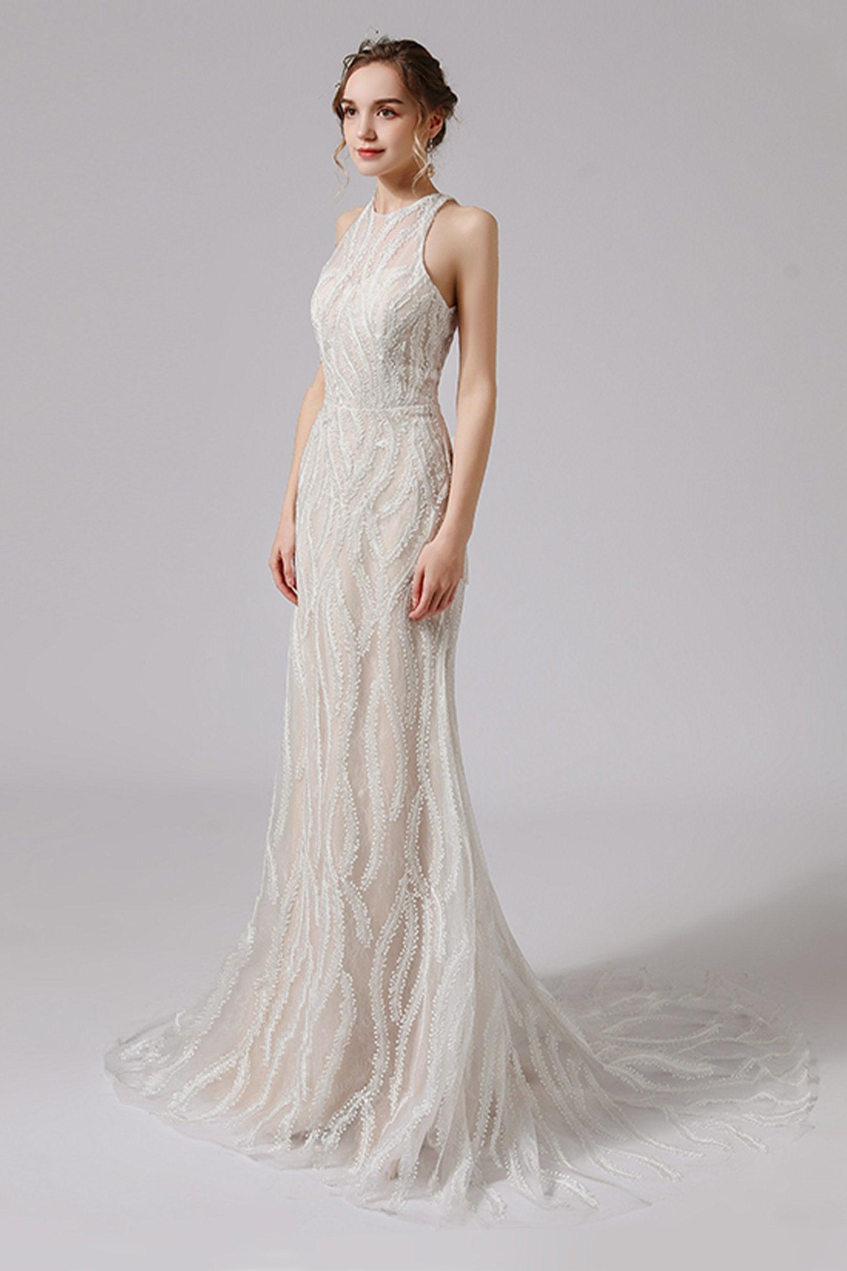 Trumpet-Mermaid Sweep-Brush Train Lace Wedding Dress CW2720 - COCOMELODY