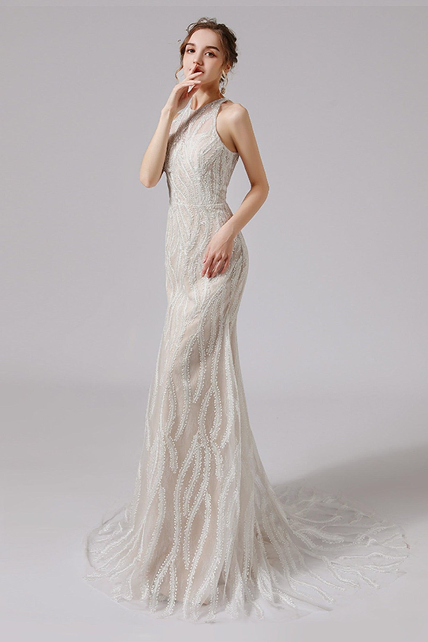 Trumpet-Mermaid Sweep-Brush Train Lace Wedding Dress CW2720 - COCOMELODY