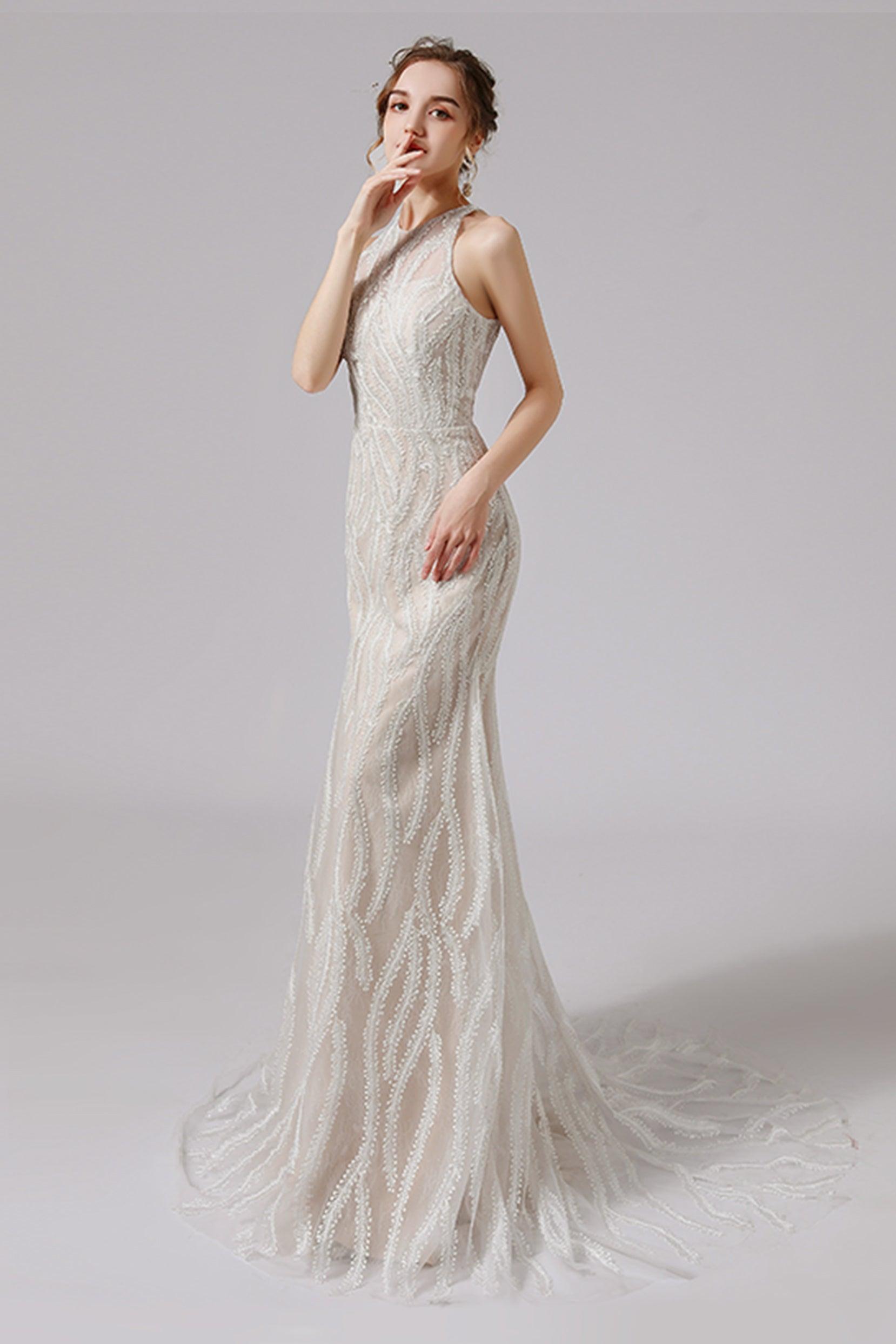 Trumpet-Mermaid Sweep-Brush Train Lace Wedding Dress CW2720 - COCOMELODY