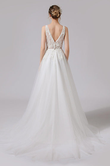 A-Line Sweep-Brush Train Lace Tulle Wedding Dress CW2723 - COCOMELODY