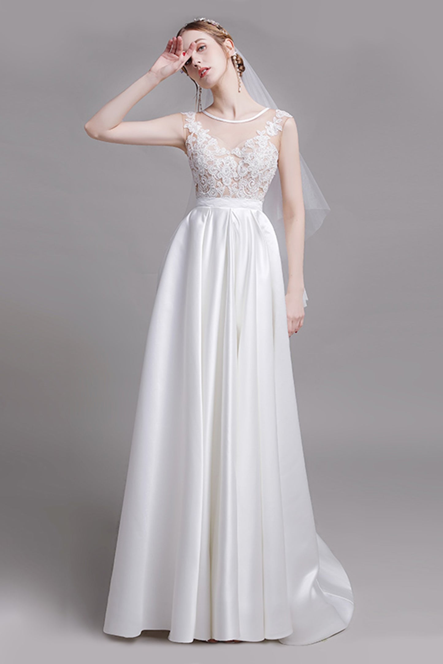 A-Line Floor Length Lace Satin Wedding Dress CW2728