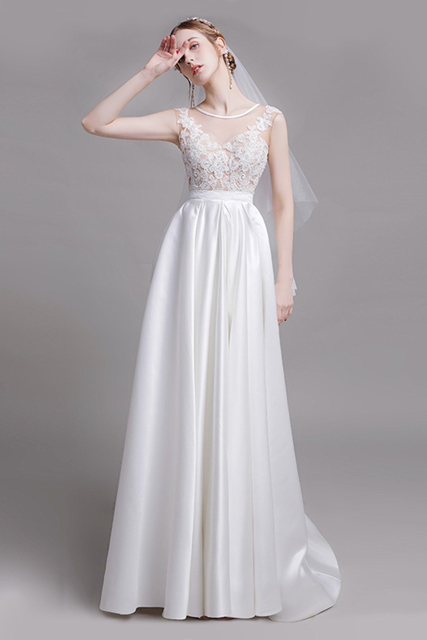 A-Line Floor Length Lace Satin Wedding Dress CW2728 - COCOMELODY