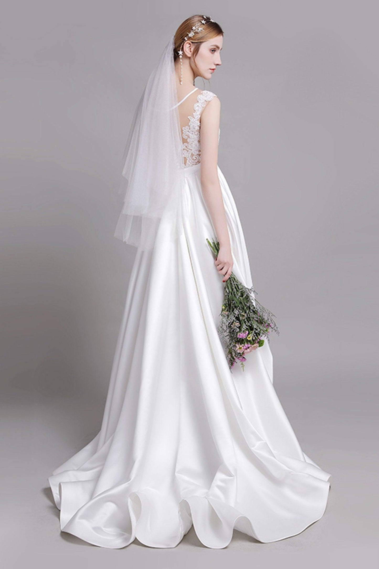 A-Line Floor Length Lace Satin Wedding Dress CW2728 - COCOMELODY