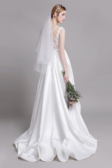 A-Line Floor Length Lace Satin Wedding Dress CW2728 - COCOMELODY