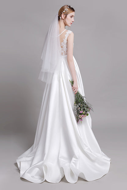 A-Line Floor Length Lace Satin Wedding Dress CW2728