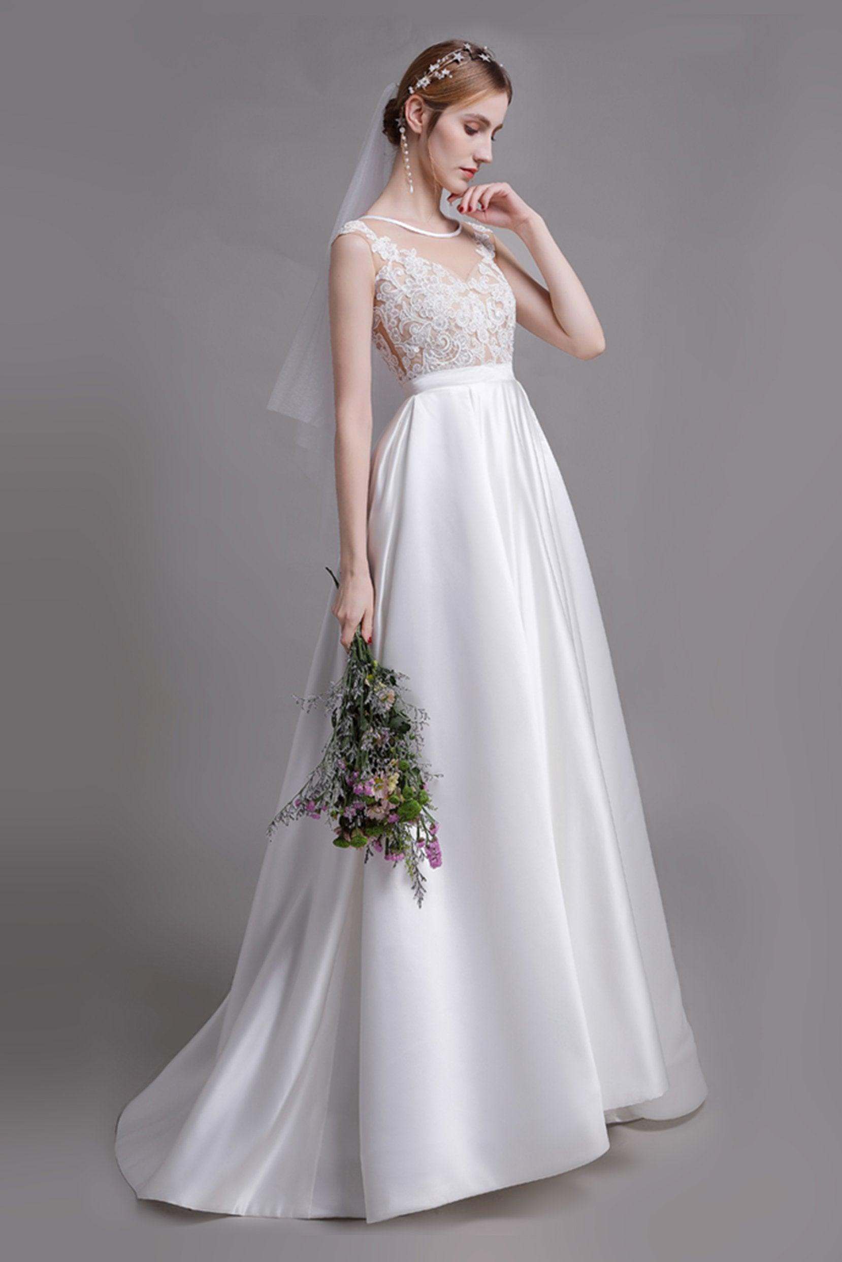 A-Line Floor Length Lace Satin Wedding Dress CW2728 - COCOMELODY