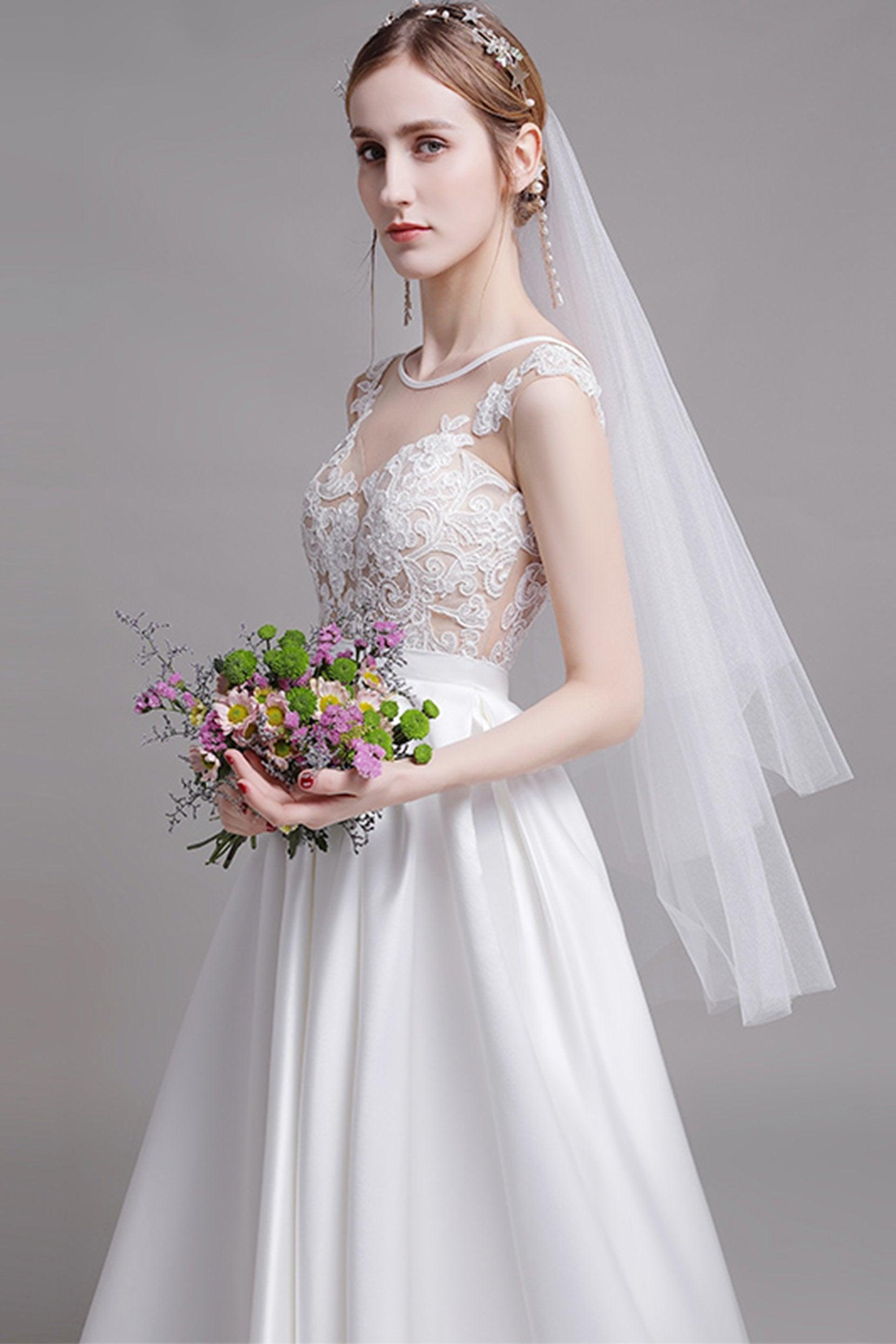 A-Line Floor Length Lace Satin Wedding Dress CW2728 - COCOMELODY
