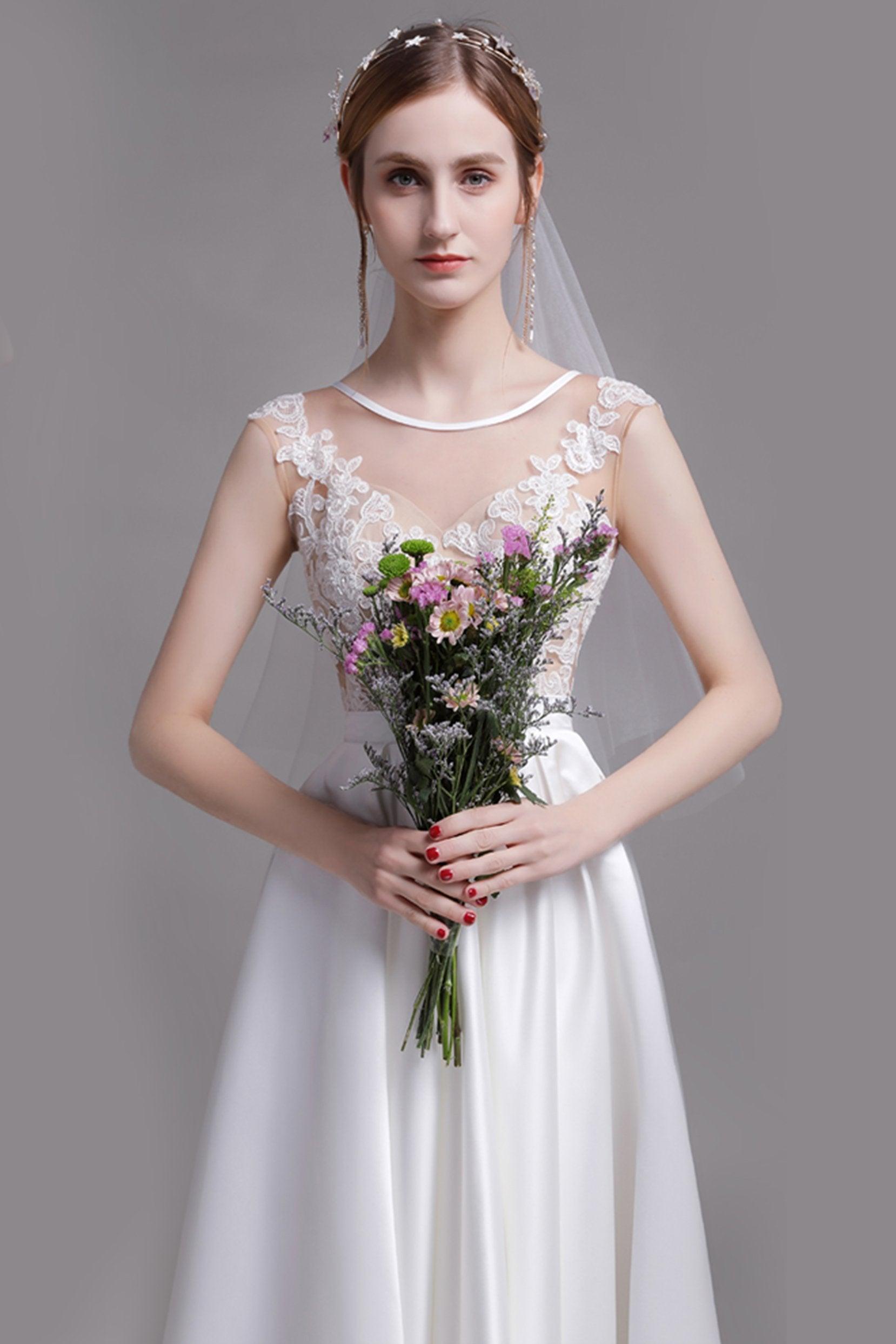 A-Line Floor Length Lace Satin Wedding Dress CW2728 - COCOMELODY