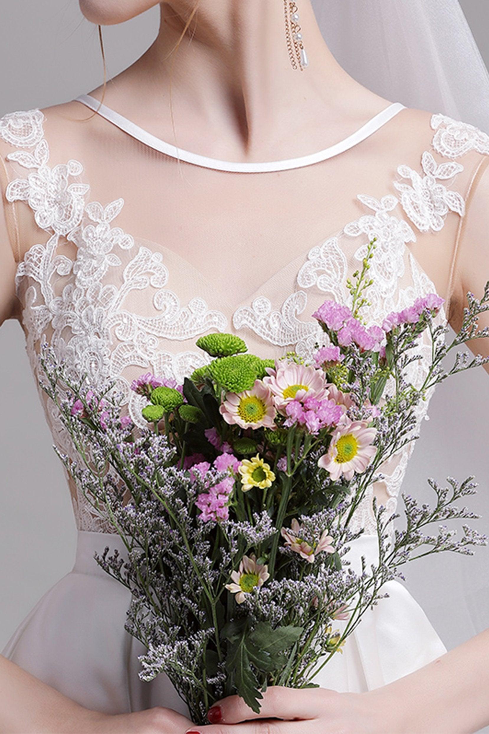 A-Line Floor Length Lace Satin Wedding Dress CW2728 - COCOMELODY