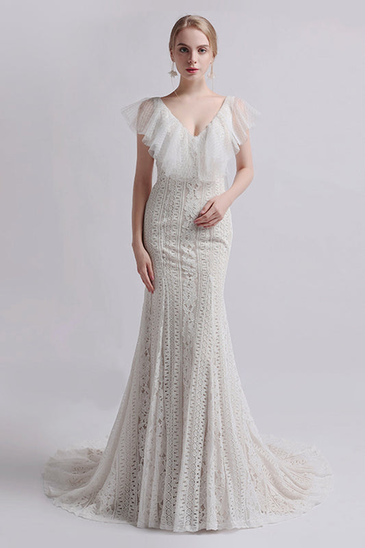 Mermaid Sweep-Brush Train Lace Tulle Wedding Dress CW2731