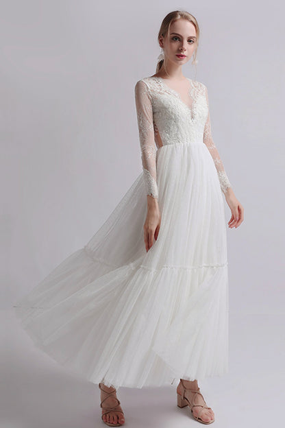 A-Line Ankle Length Lace Tulle Wedding Dress CW2734