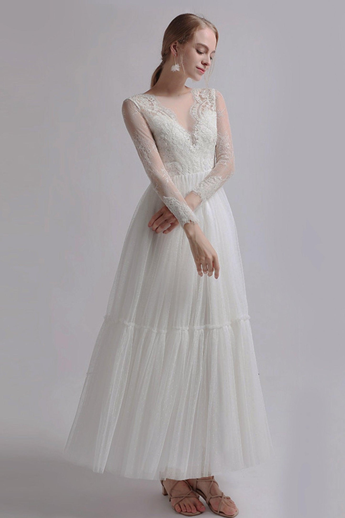 A-Line Ankle Length Lace Tulle Wedding Dress CW2734