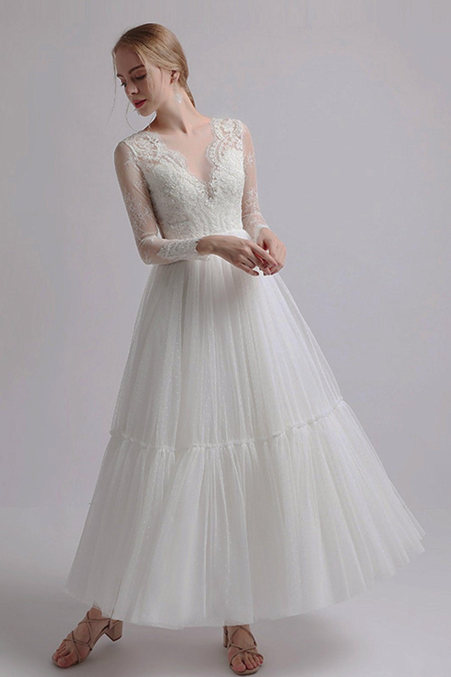 A-Line Ankle Length Lace Tulle Wedding Dress CW2734 - COCOMELODY