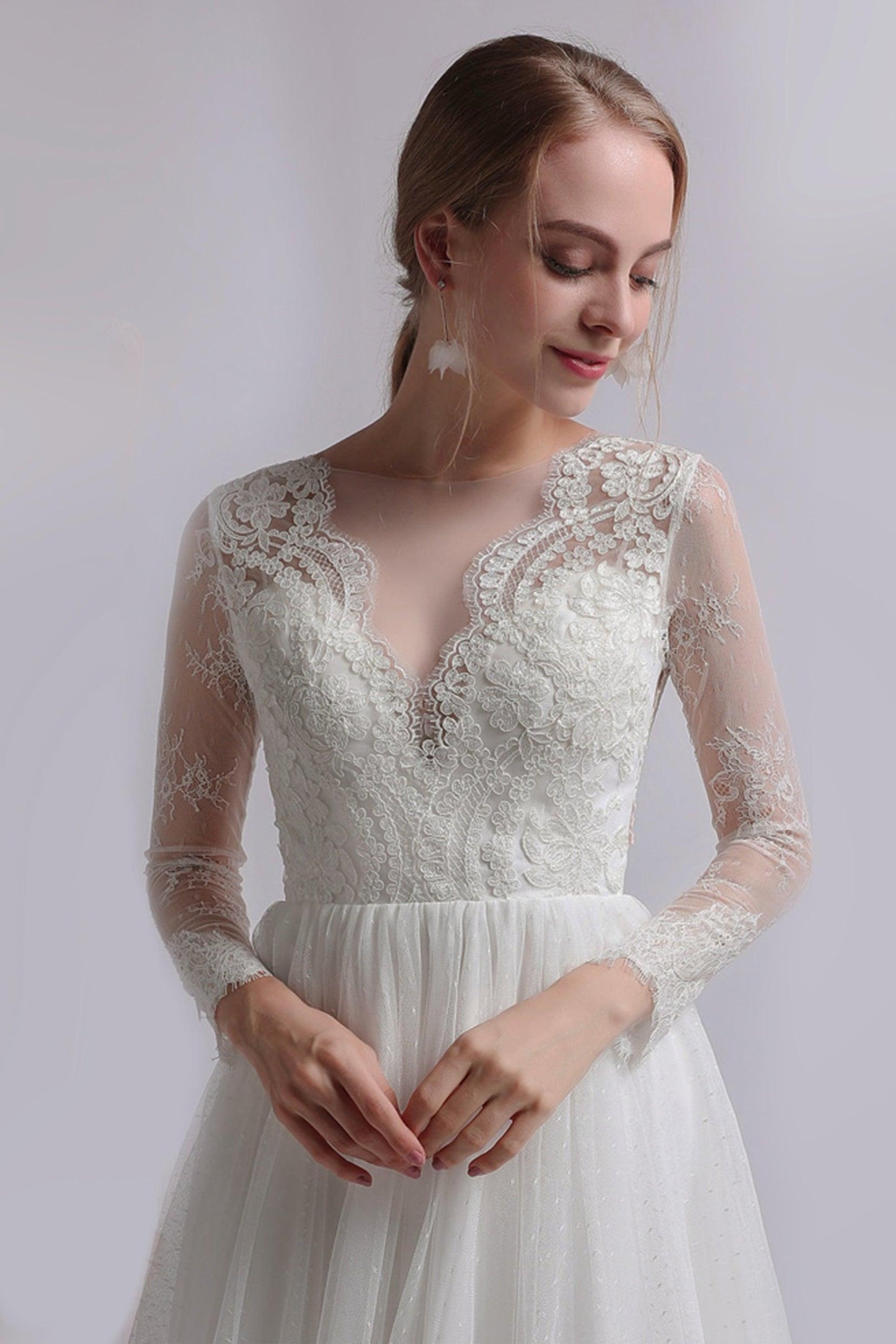 A-Line Ankle Length Lace Tulle Wedding Dress CW2734 - COCOMELODY