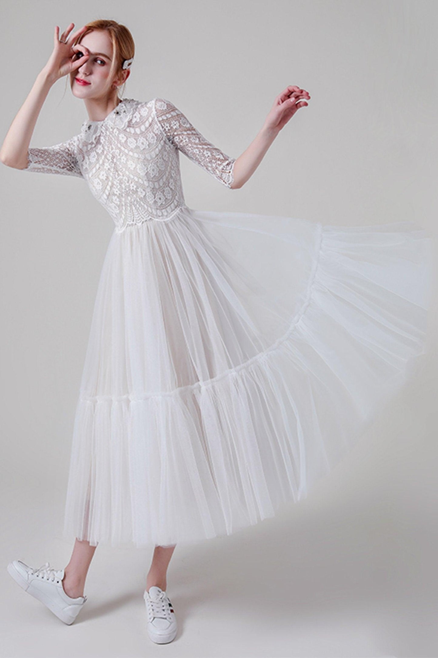 A-Line Tea Length Lace Tulle Wedding Dress CW2738 - COCOMELODY