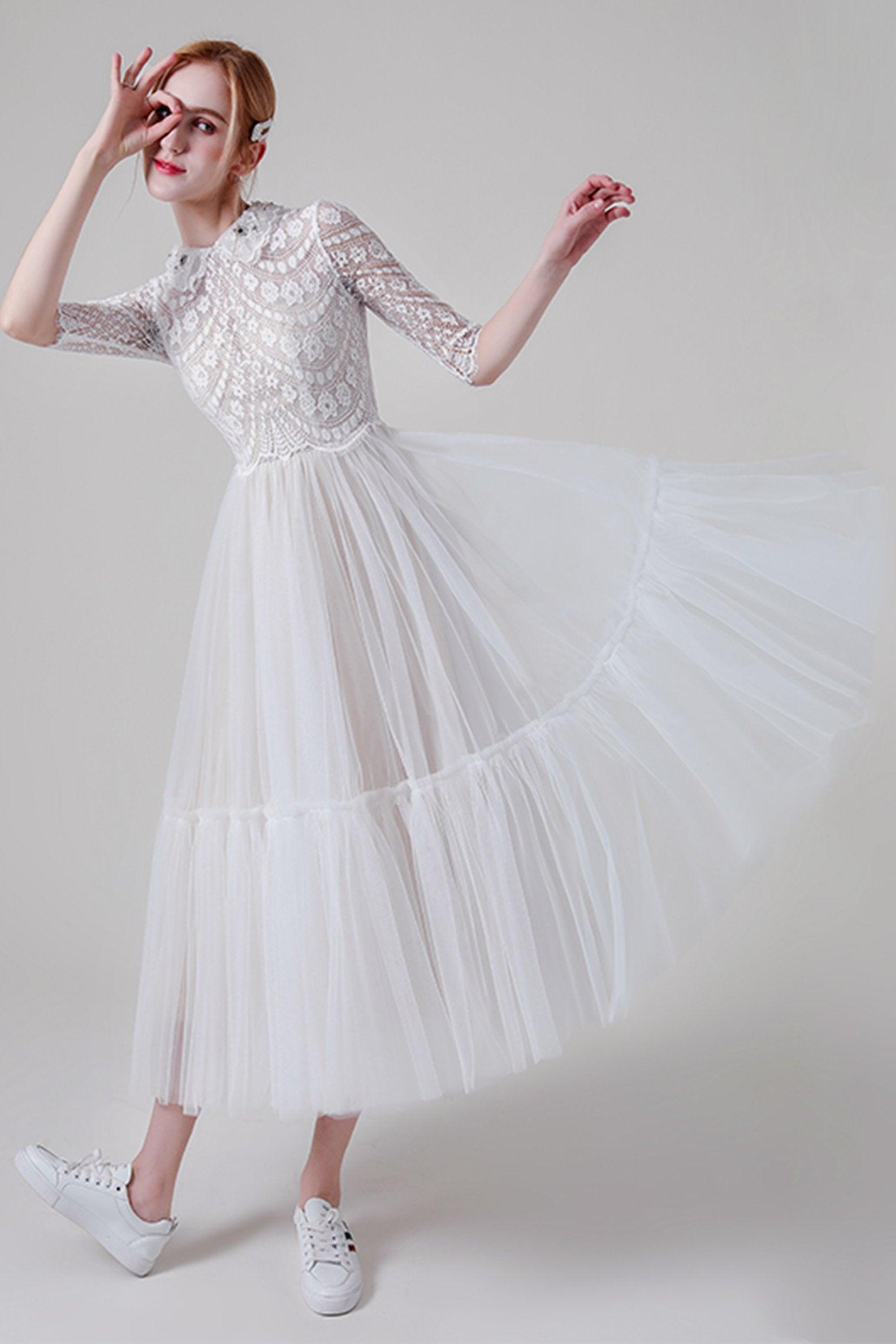 A-Line Tea Length Lace Tulle Wedding Dress CW2738 - COCOMELODY