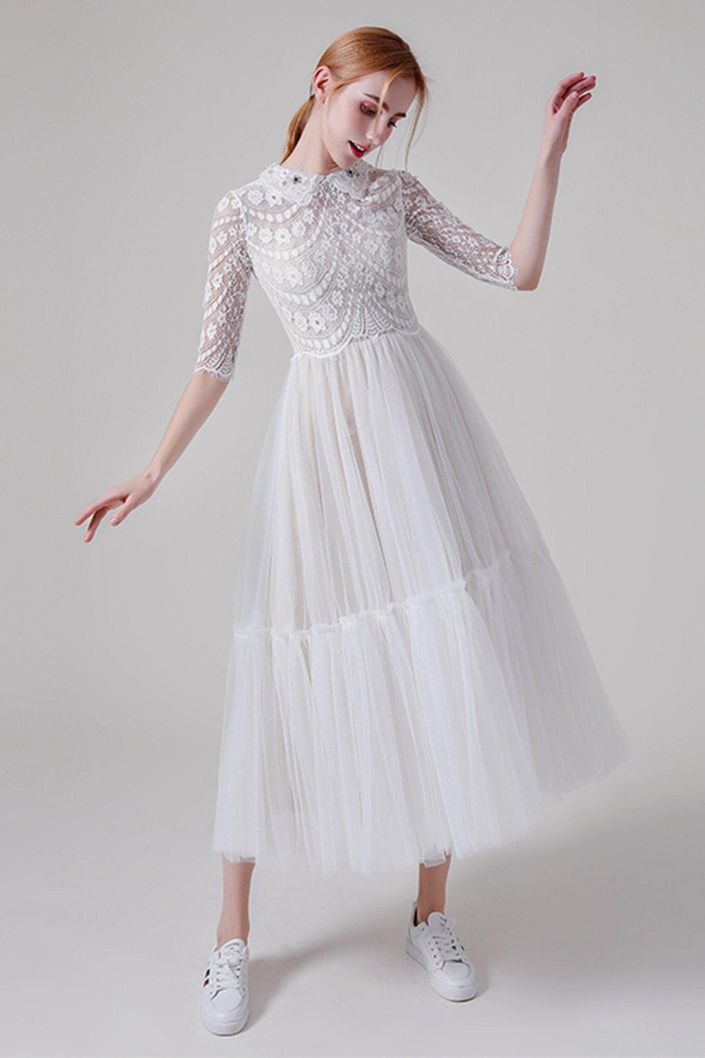 A-Line Tea Length Lace Tulle Wedding Dress CW2738 - COCOMELODY