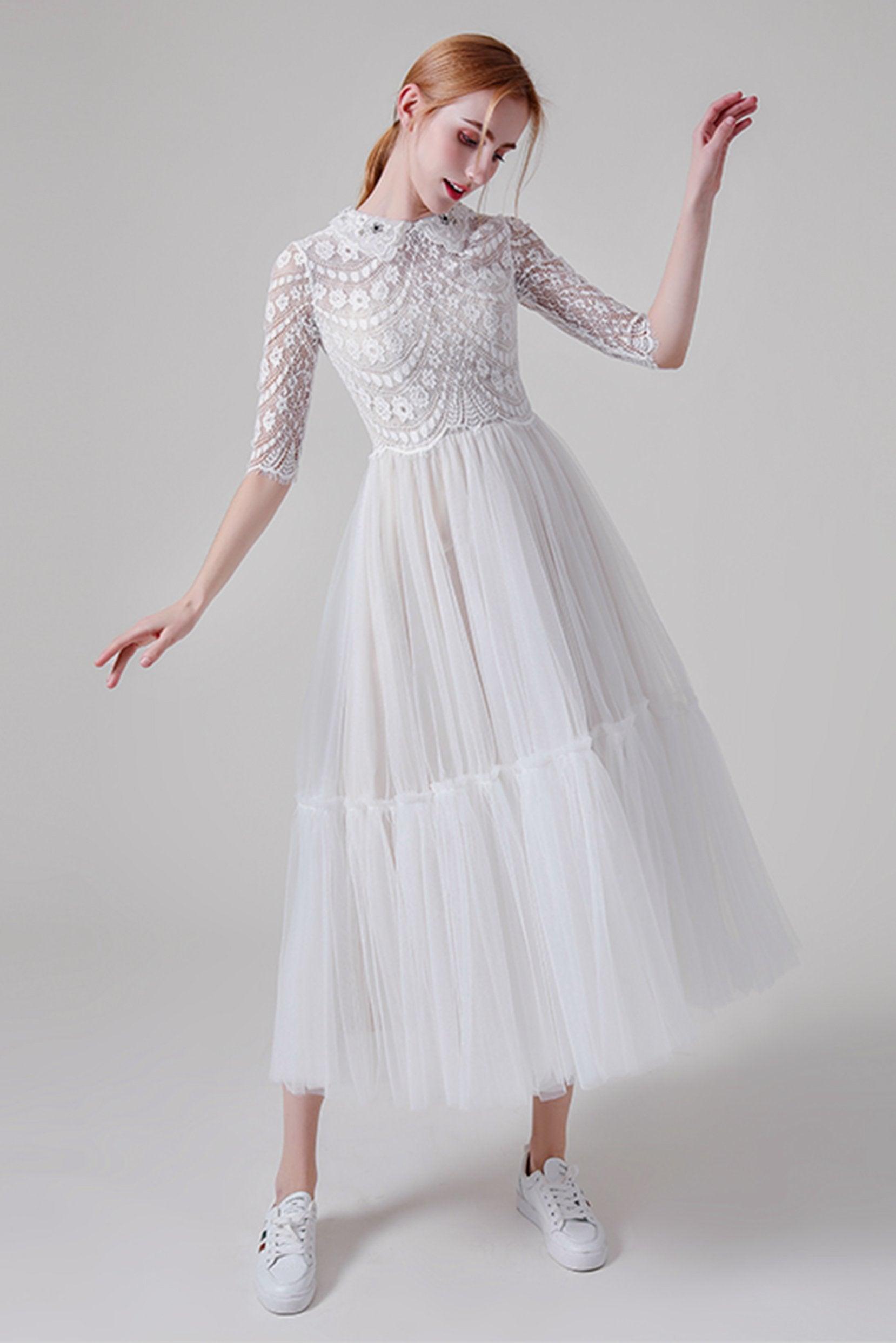 A-Line Tea Length Lace Tulle Wedding Dress CW2738 - COCOMELODY