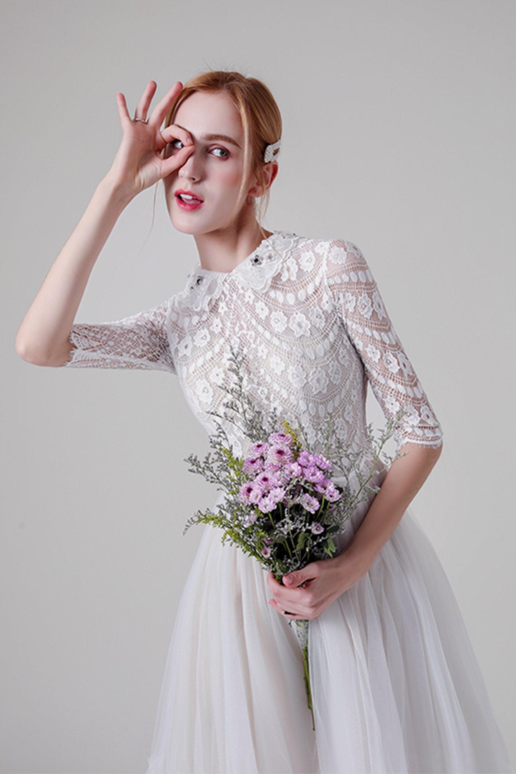 A-Line Tea Length Lace Tulle Wedding Dress CW2738 - COCOMELODY