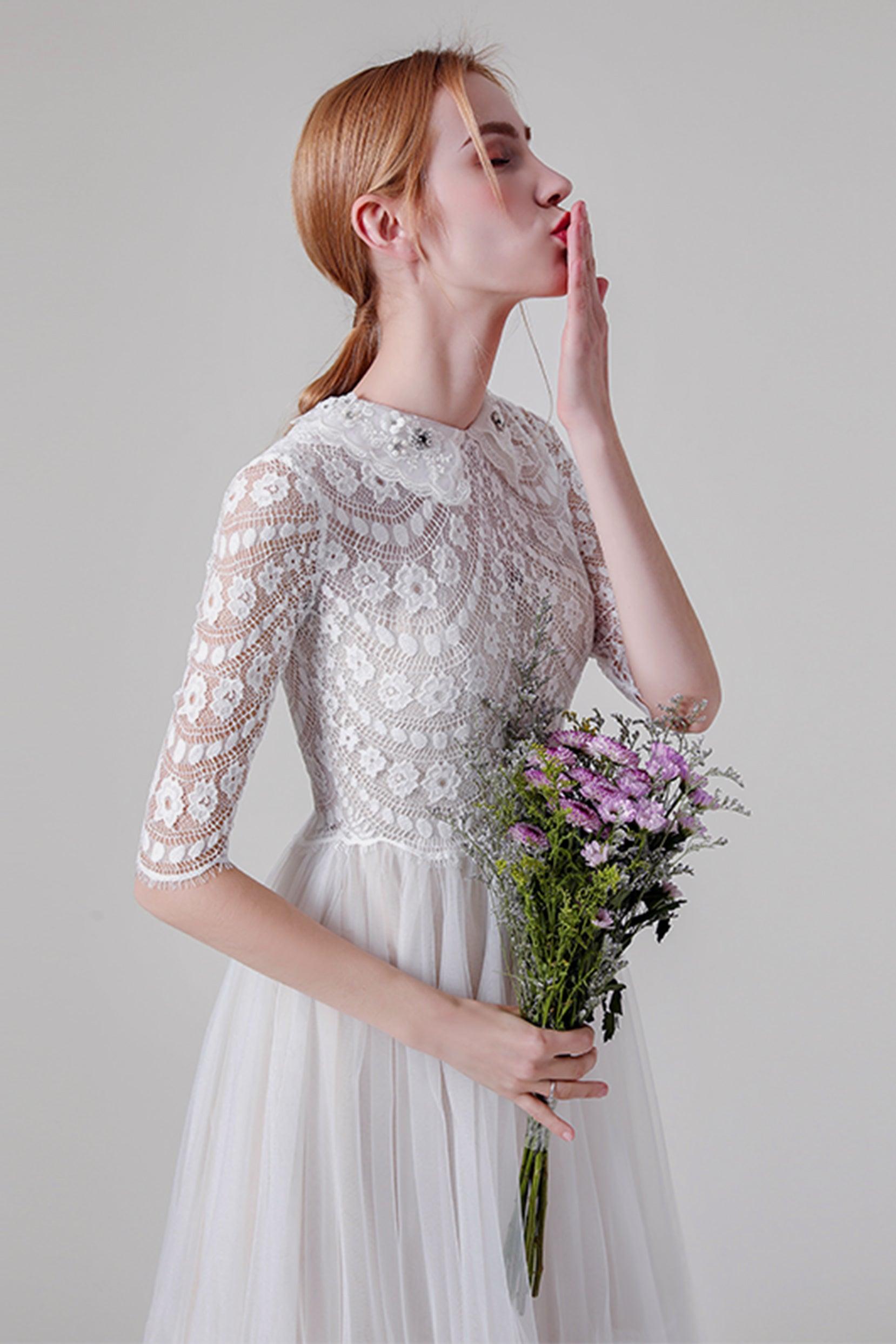 A-Line Tea Length Lace Tulle Wedding Dress CW2738 - COCOMELODY