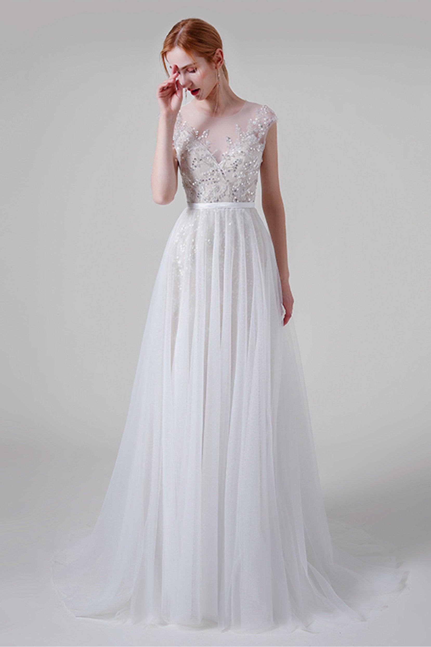 A-Line Sweep-Brush Train Lace Tulle Wedding Dress CW2739 - COCOMELODY