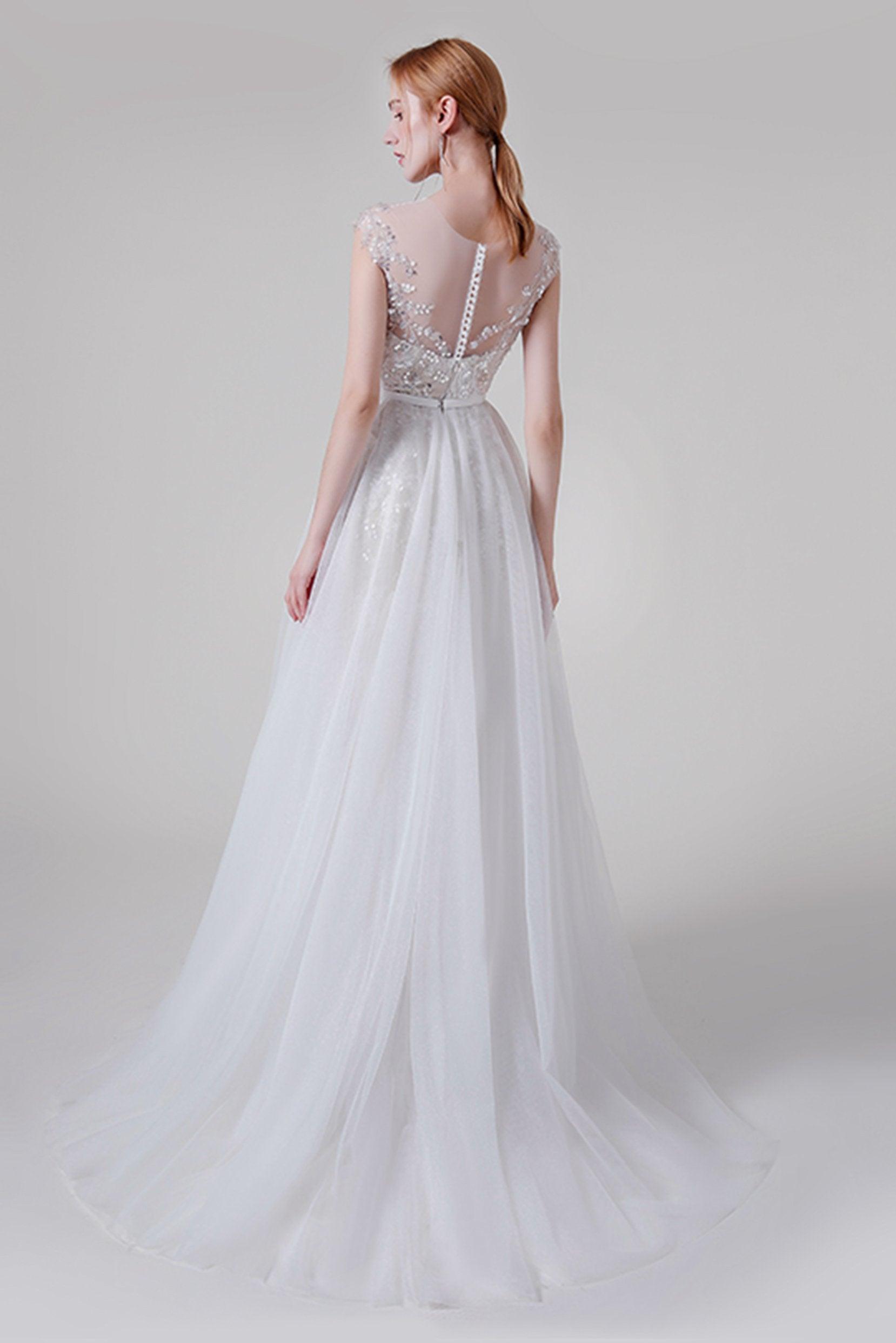 A-Line Sweep-Brush Train Lace Tulle Wedding Dress CW2739 - COCOMELODY