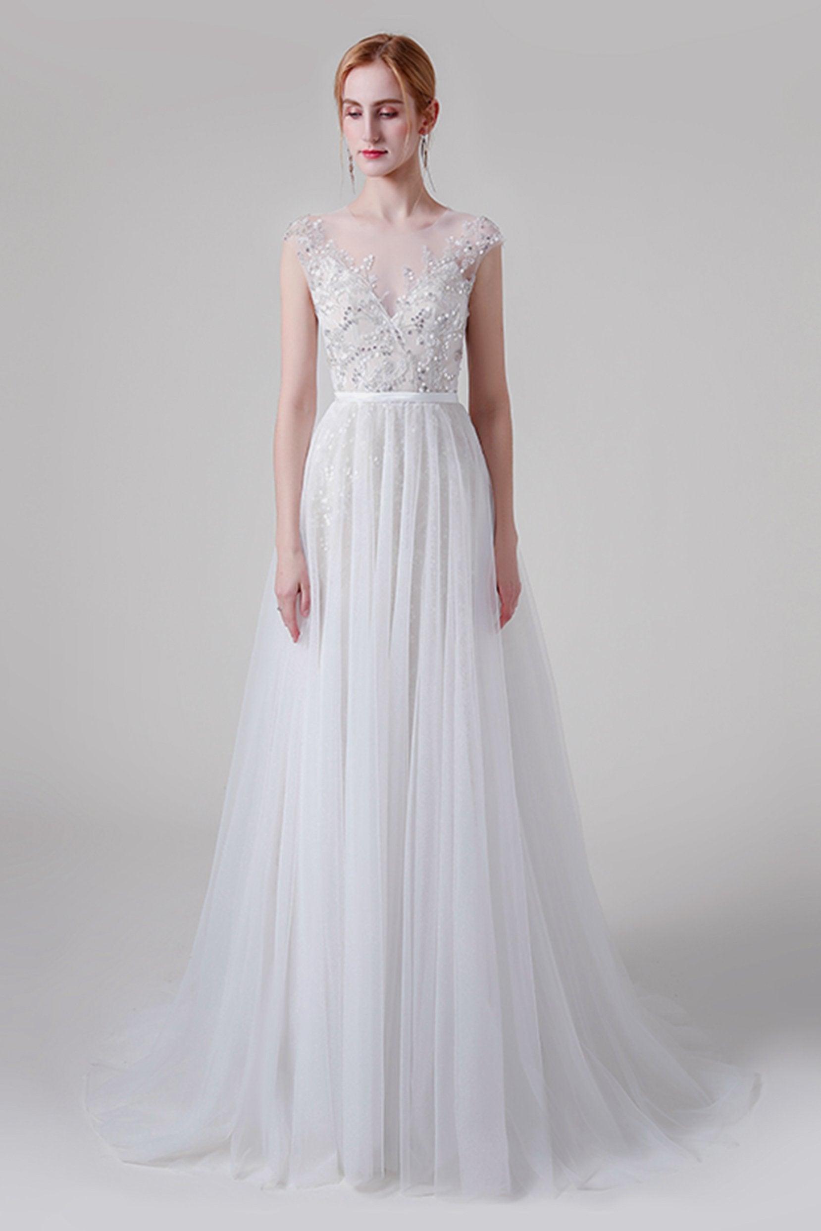A-Line Sweep-Brush Train Lace Tulle Wedding Dress CW2739 - COCOMELODY