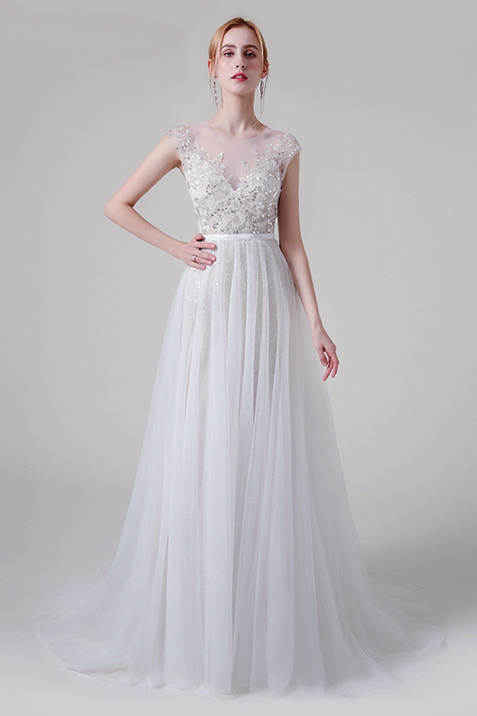 A-Line Sweep-Brush Train Lace Tulle Wedding Dress CW2739 - COCOMELODY
