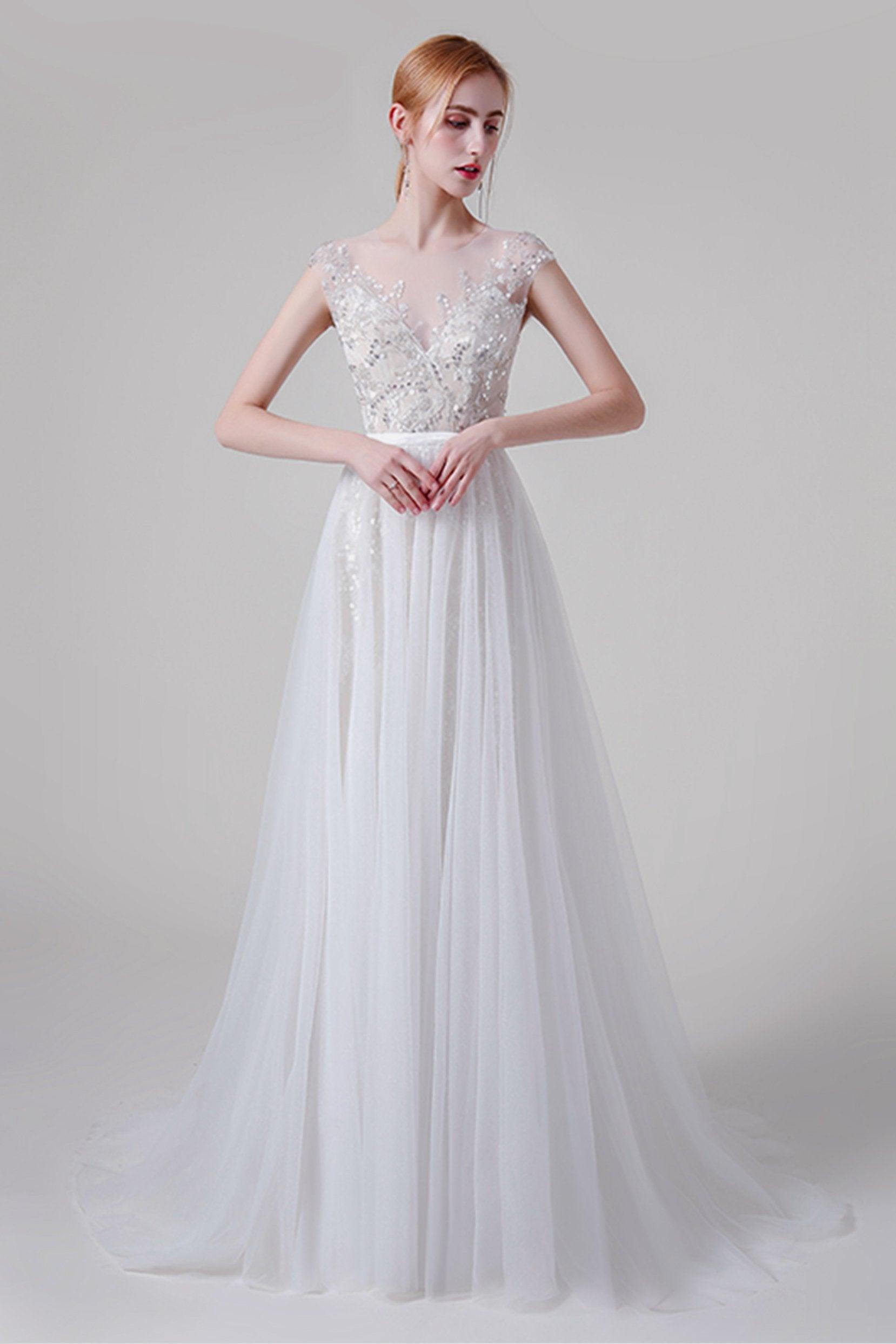 A-Line Sweep-Brush Train Lace Tulle Wedding Dress CW2739 - COCOMELODY