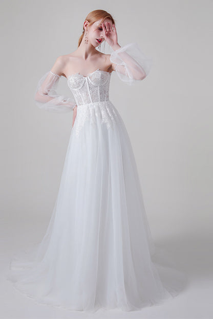 A-Line Sweep-Brush Train Lace Tulle Wedding Dress CW2743