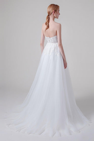 A-Line Sweep-Brush Train Lace Tulle Wedding Dress CW2743 - COCOMELODY