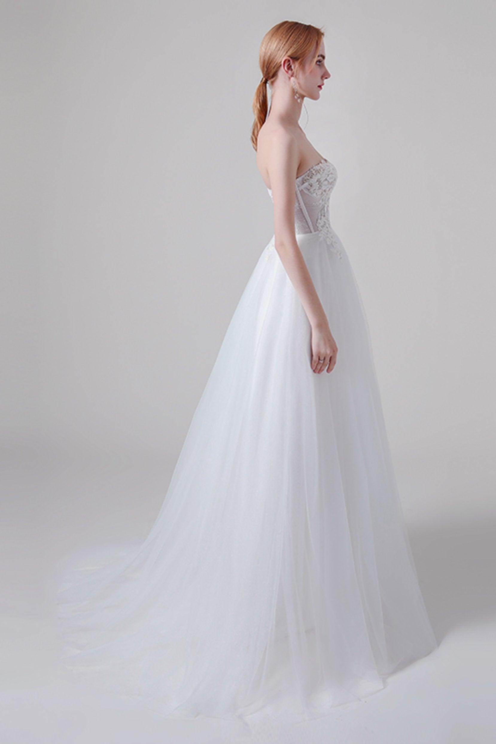 A-Line Floor Length Lace Tulle Wedding Dress CW2744 - COCOMELODY