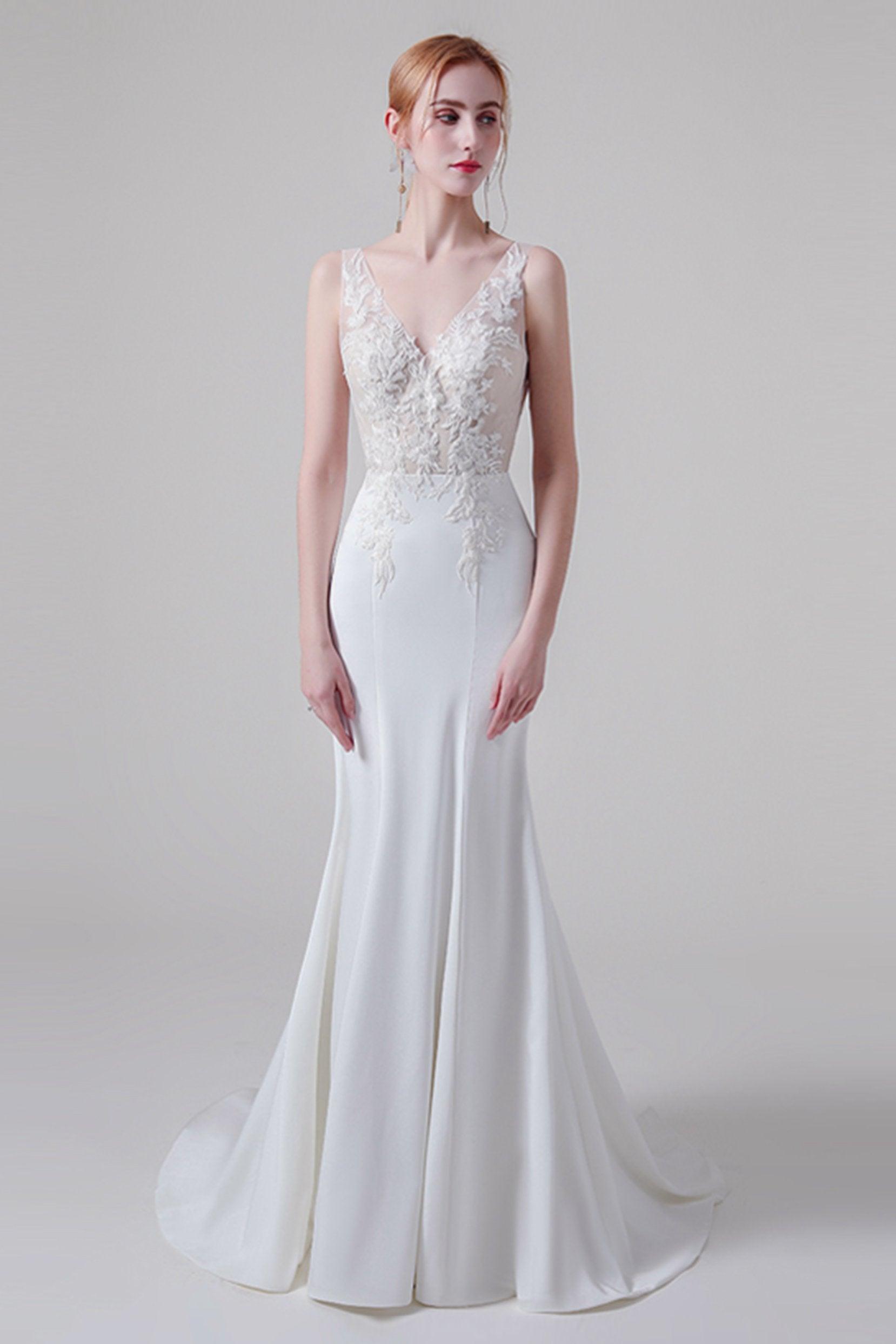 Trumpet Sweep-Brush Train Lace Elastic Cloth Wedding Dress CW2745 - COCOMELODY