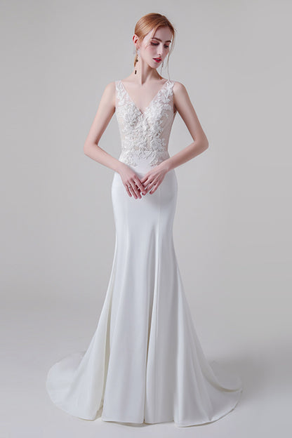Trumpet Sweep-Brush Train Lace Elastic Cloth Wedding Dress CW2745