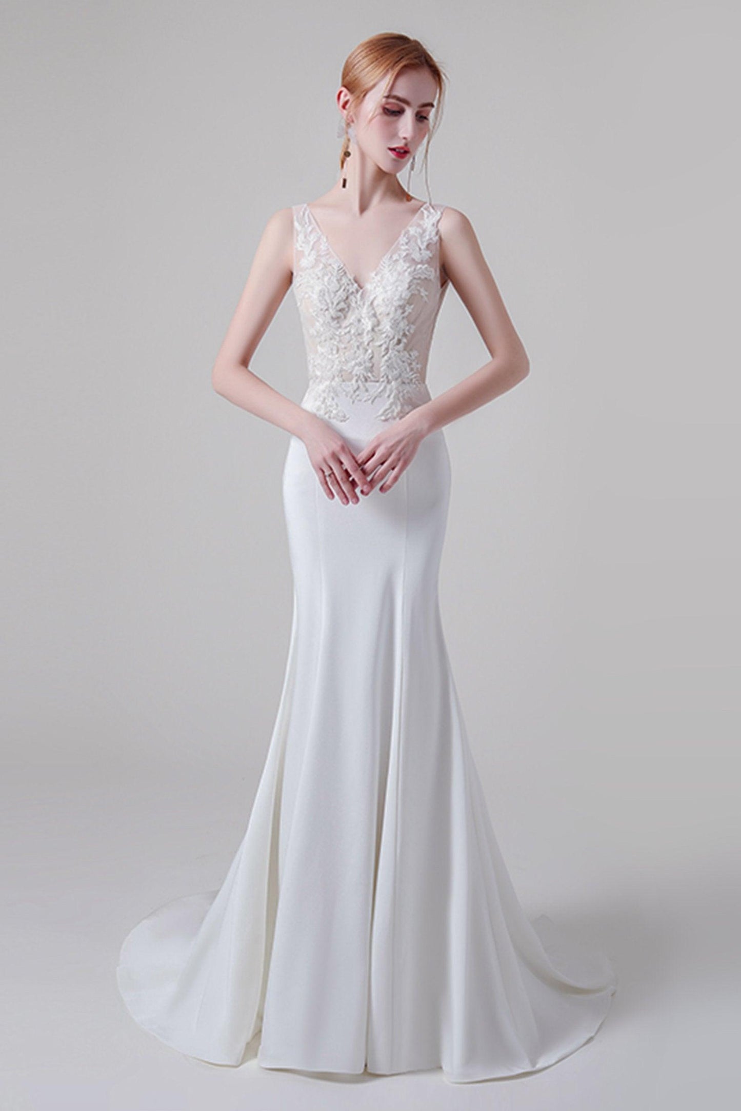 Trumpet Sweep-Brush Train Lace Elastic Cloth Wedding Dress CW2745 - COCOMELODY