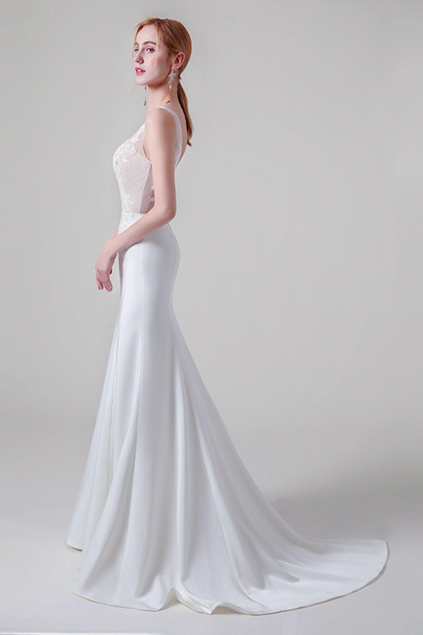 Trumpet Sweep-Brush Train Lace Elastic Cloth Wedding Dress CW2745 - COCOMELODY
