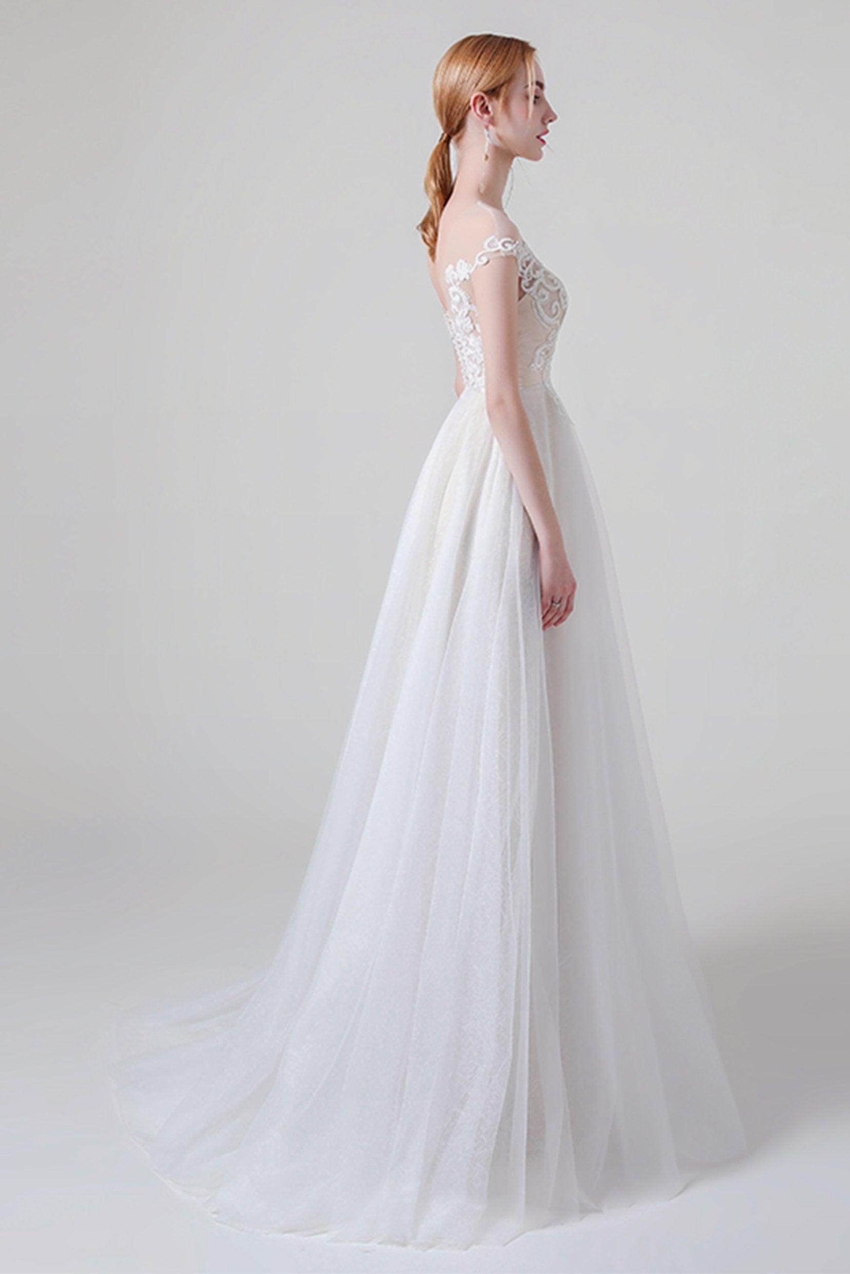 A-Line Sweep-Brush Train Lace Tulle Wedding Dress CW2748 - COCOMELODY