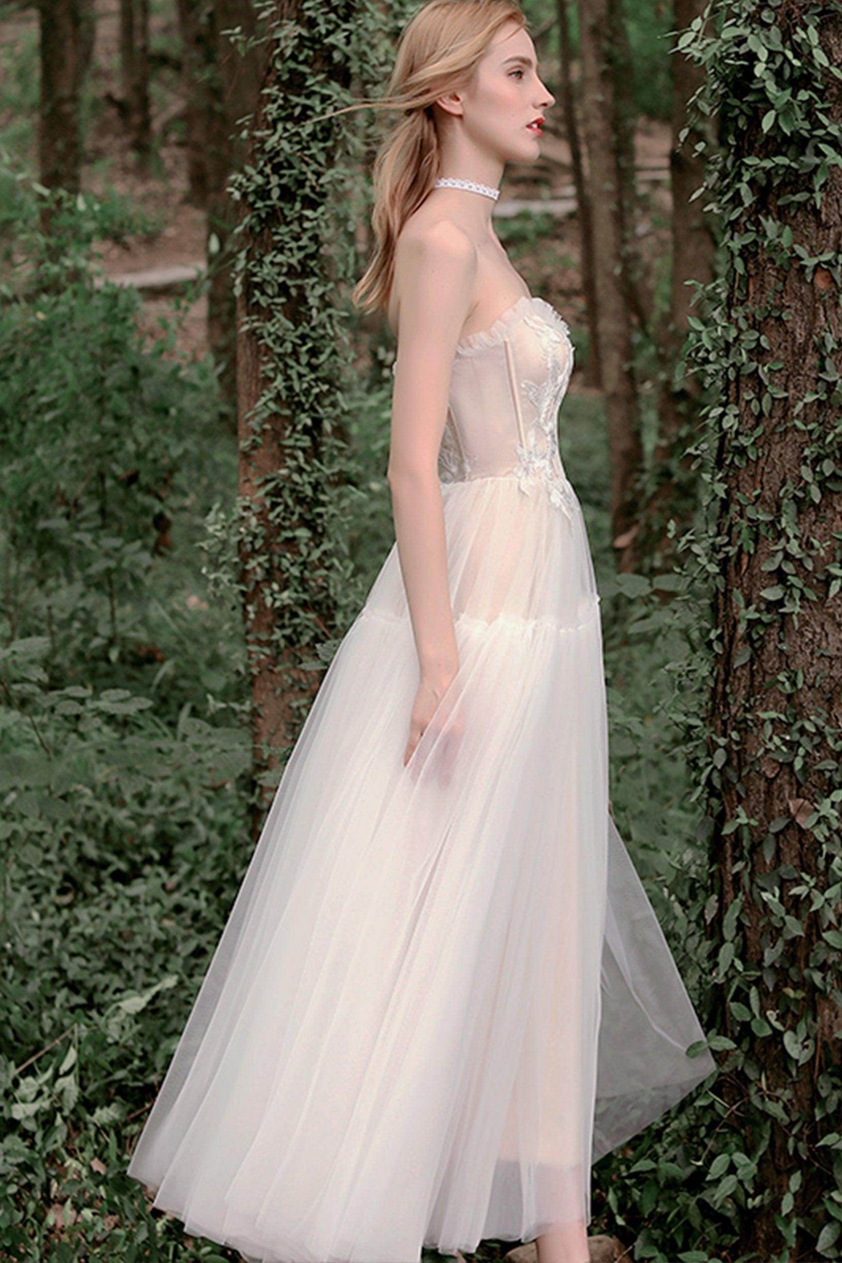 A-Line Tea Length Lace Tulle Wedding Dress CW2756 - COCOMELODY