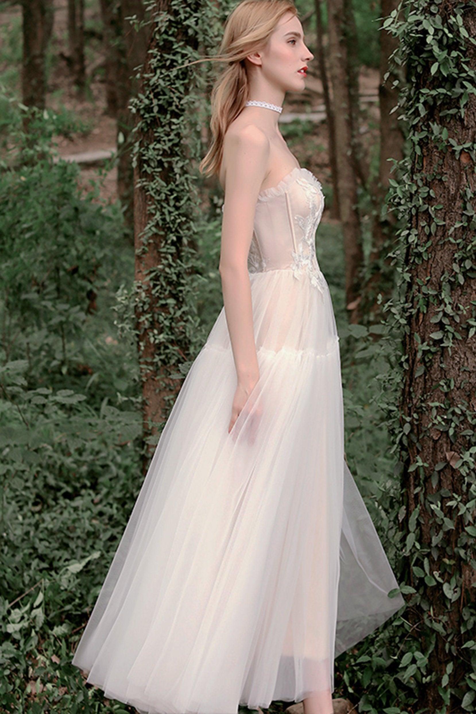 A-Line Tea Length Lace Tulle Wedding Dress CW2756 - COCOMELODY