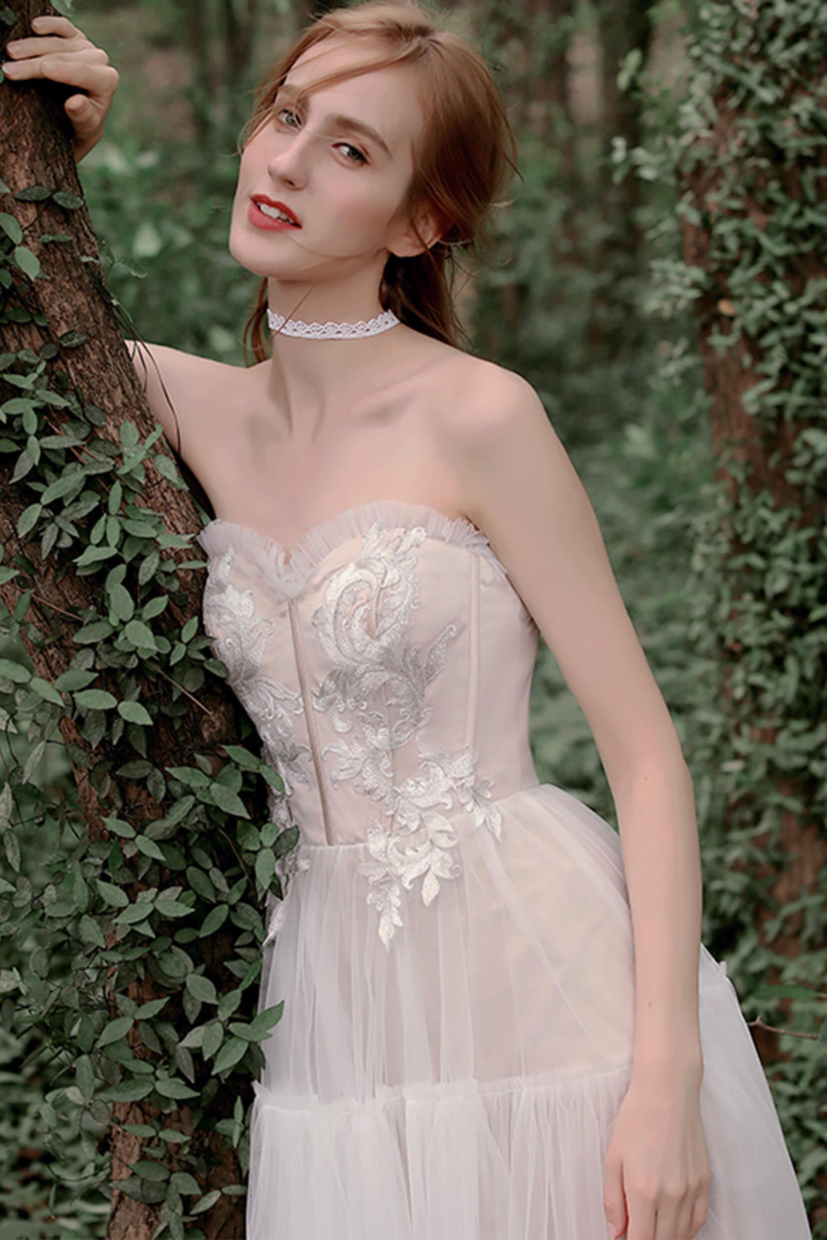 A-Line Tea Length Lace Tulle Wedding Dress CW2756 - COCOMELODY