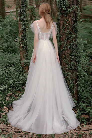 A-Line Sweep-Brush Train Lace Tulle Wedding Dress CW2761 - COCOMELODY