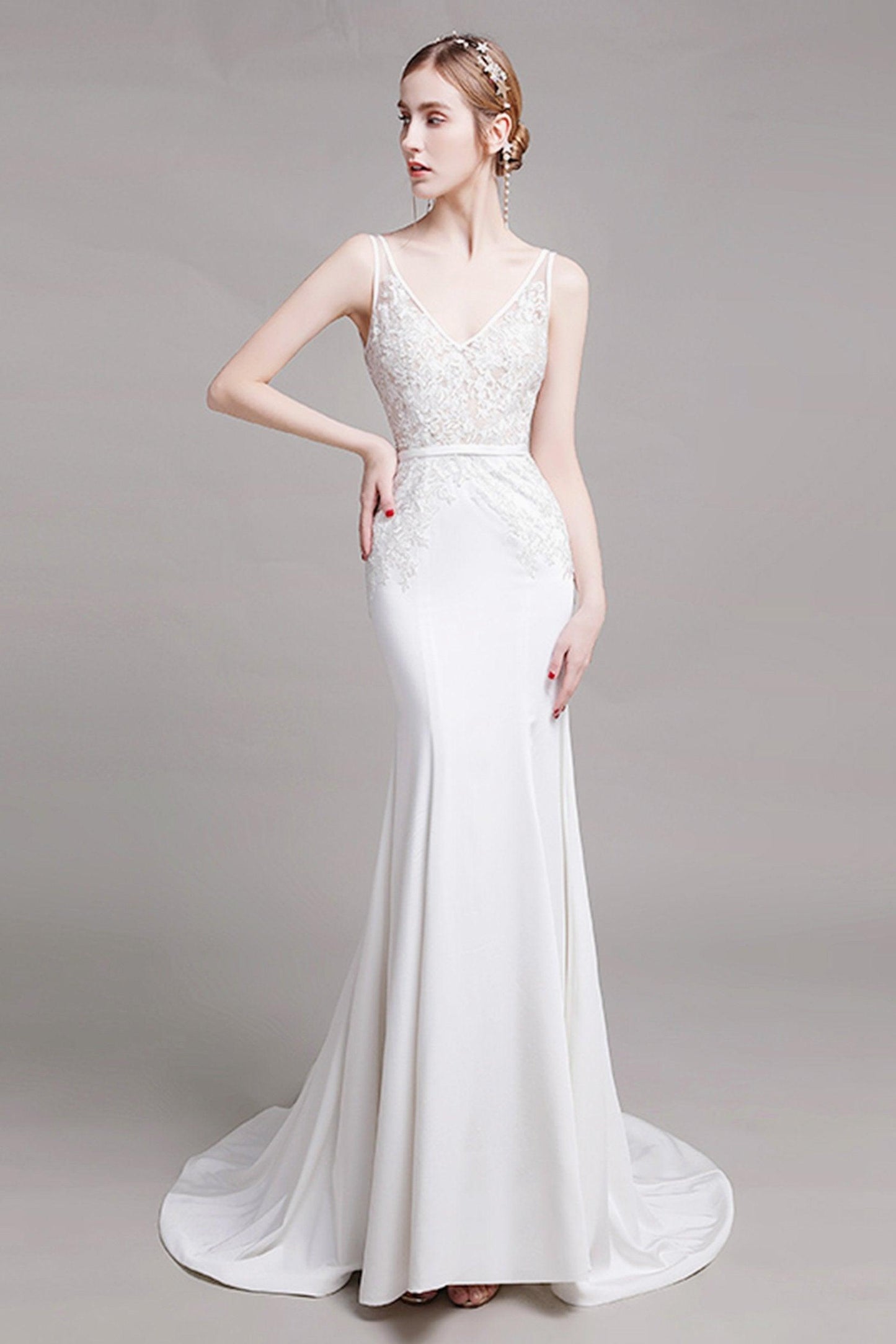 Mermaid Sweep Train Lace Stretch Satin Wedding Dress CW2762 - COCOMELODY