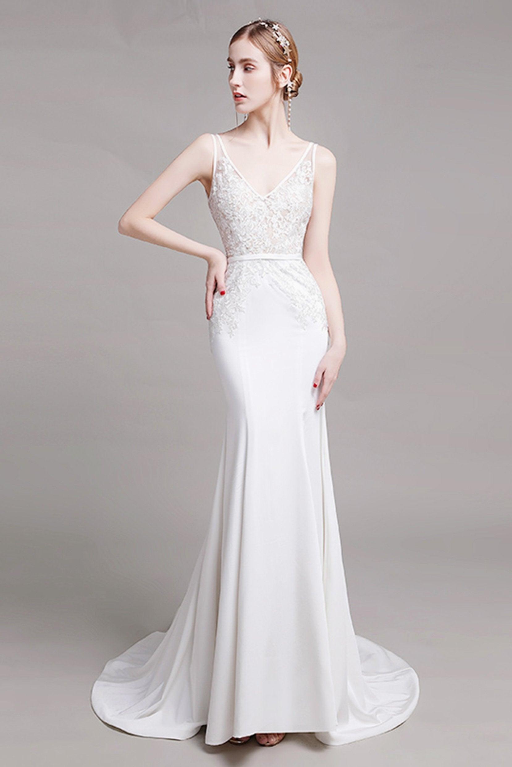 Mermaid Sweep Train Lace Stretch Satin Wedding Dress CW2762 - COCOMELODY