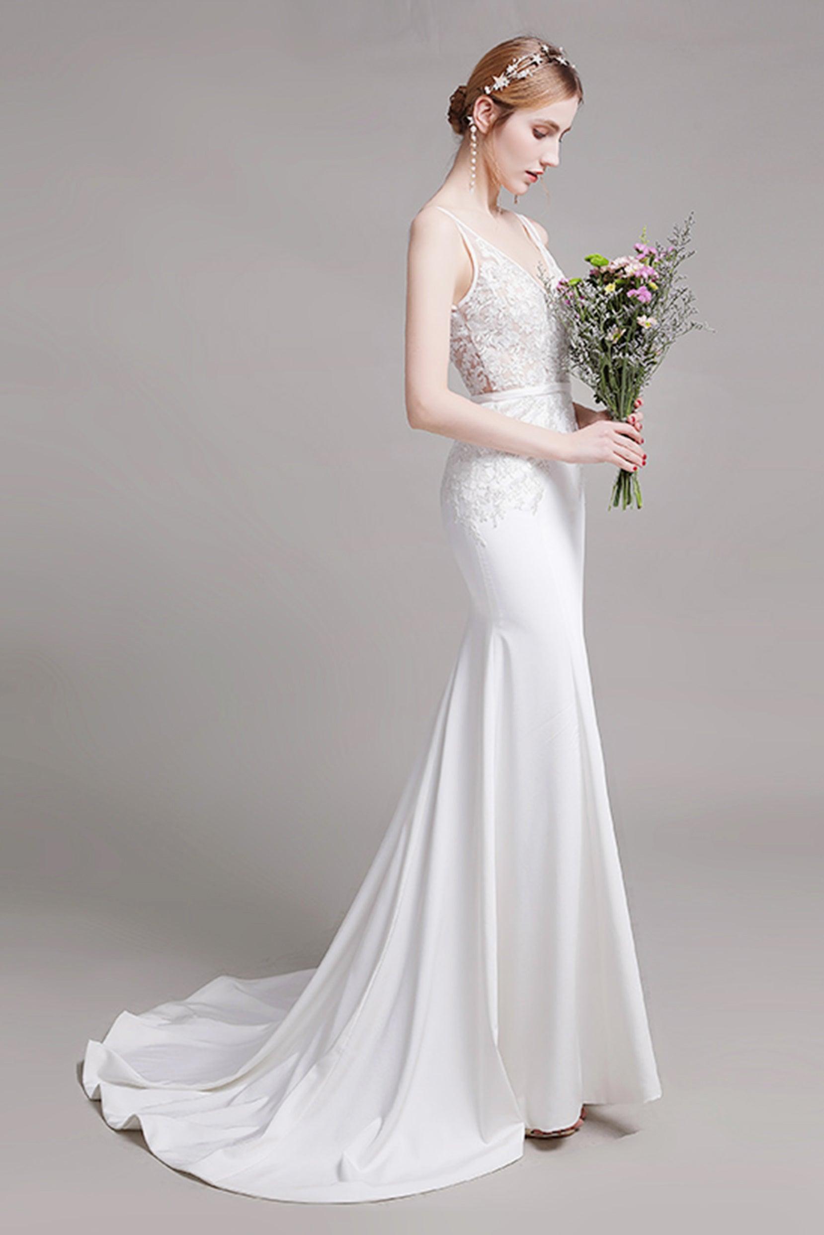 Mermaid Sweep Train Lace Stretch Satin Wedding Dress CW2762 - COCOMELODY